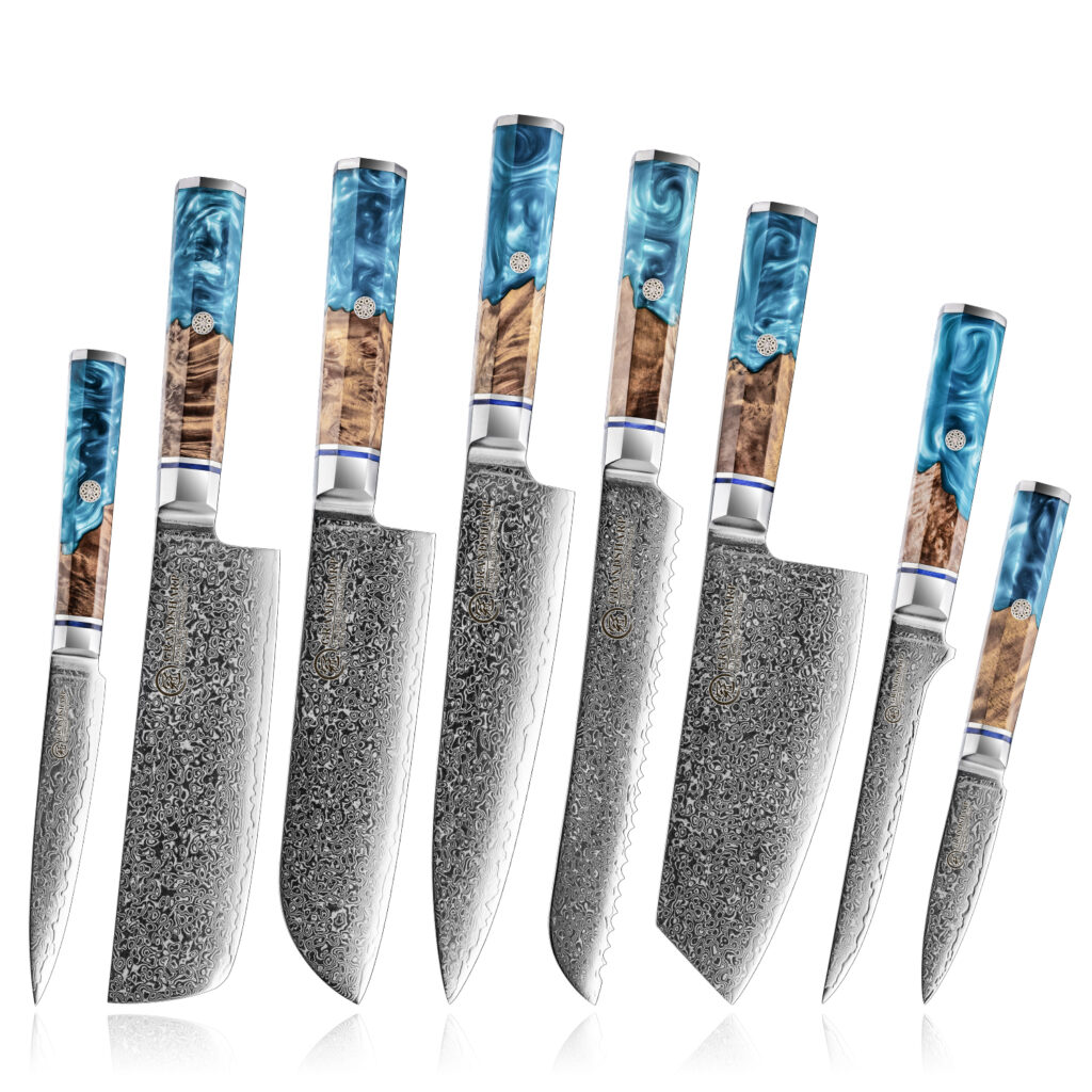 Ensemble de couteaux Grandsharp – 8 pièces, acier damassé