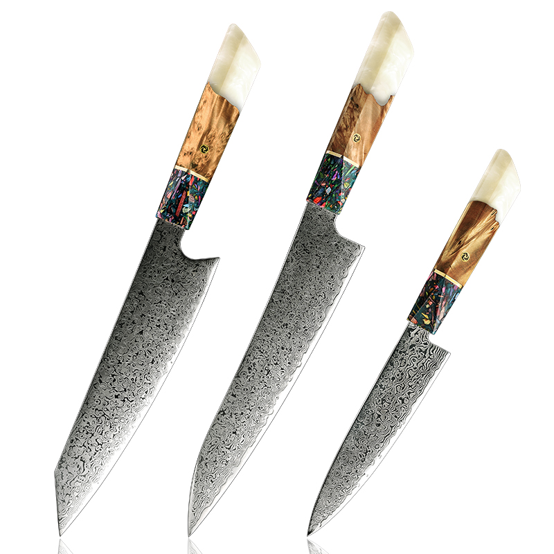 Ensemble de couteaux Grandsharp – 3 pièces, acier damassé, 10CR15MOV