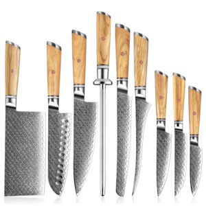 Ensemble de couteaux Grandsharp – 9 pièces, 67 couches, acier damassé, AUS10