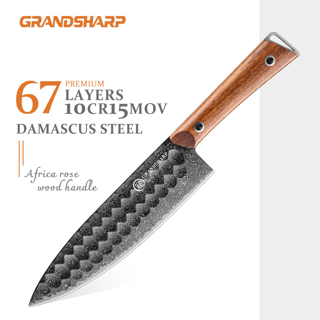 Couteau de chef Grandsharp – 8 pouces, 67 couches, acier damassé