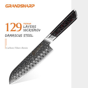 Couteau Santoku Grandsharp – 7 pouces, 129 couches, acier damassé