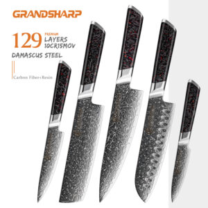 Ensemble de couteaux Grandsharp – 5 pièces, 129 couches, acier damassé, 10CR15CoMoV