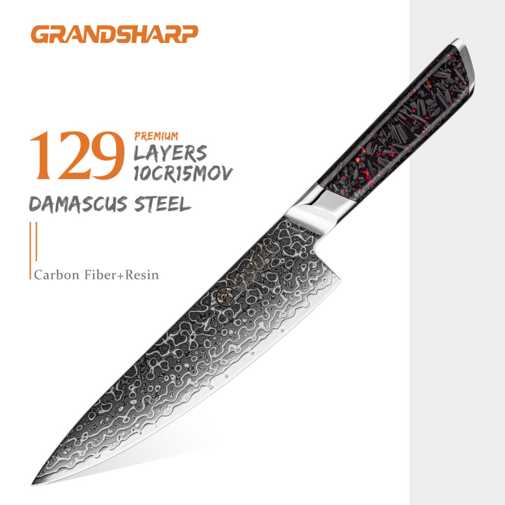 Couteau de chef Grandsharp – 129 couches, acier damassé, 10CR15MOV